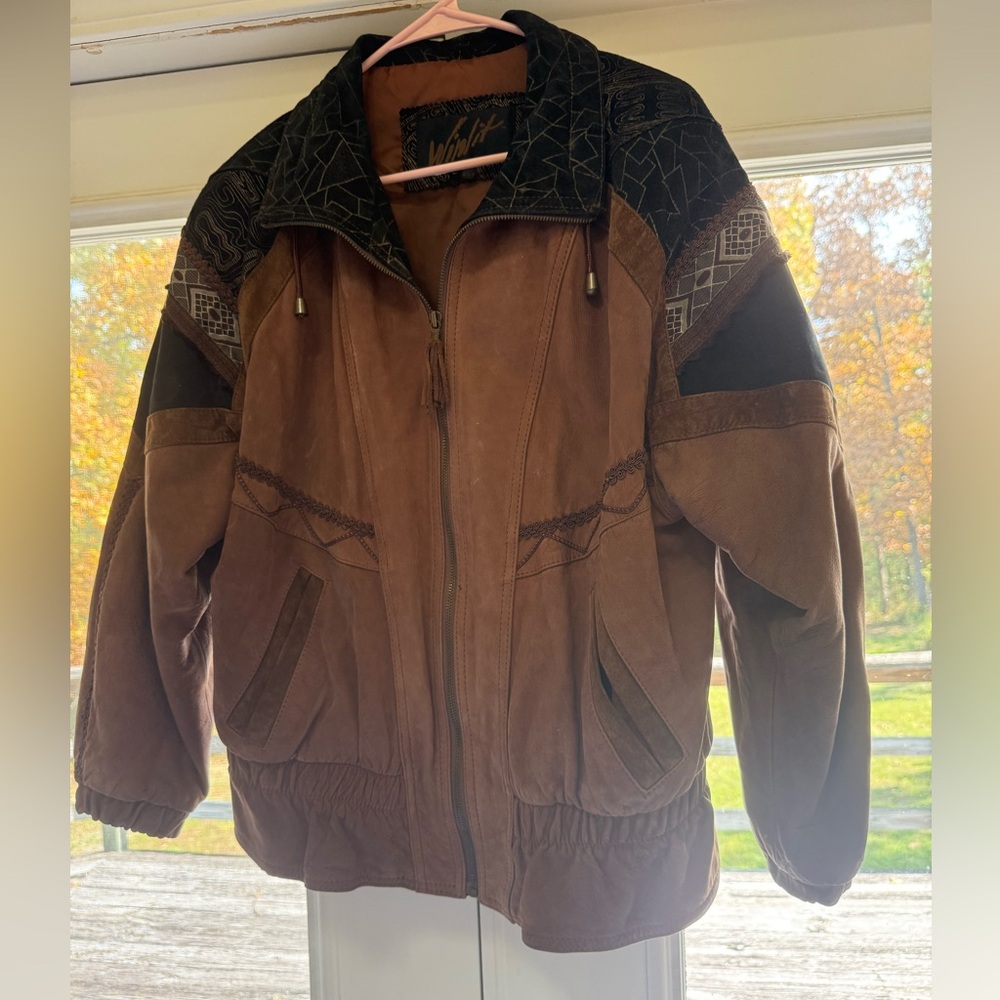 Vintage Brown Bomber Genuine Leather Jacket with Black Accents Unisex